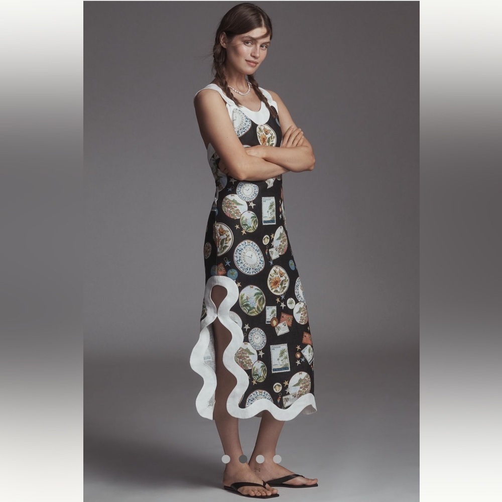 🎉SUPER RARE🎉 Farm Rio NWT Anthropologie Linen Scallop-Trim Slim Midi Dress XS - Picture 7 of 16